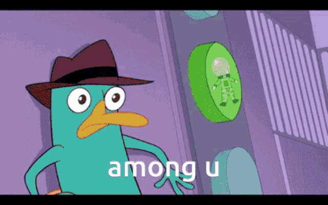 a cartoon of perry the platypus with the words among u on the bottom