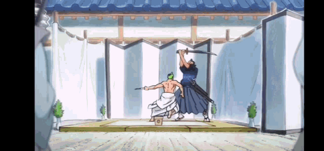 two men are fighting with swords in a samurai tournament .