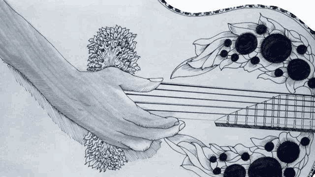 a black and white drawing of a hand holding a guitar with flowers on it