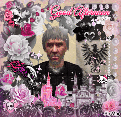a man with a beard is surrounded by pink roses and a castle and says good afternoon