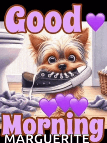 a picture of a dog with a shoe in its mouth with the words good morning marguerite