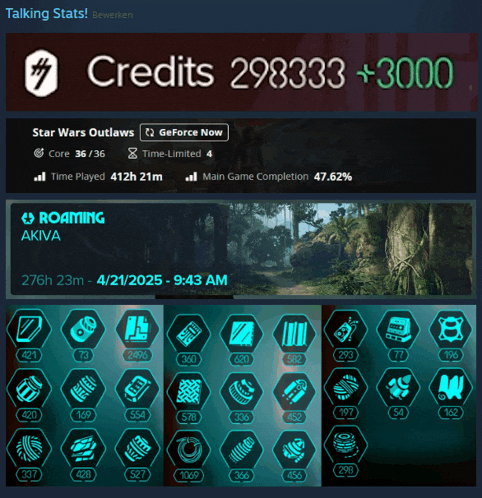 a screenshot of a game called star wars outlaws showing a talking stats screen