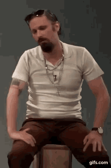 a man with a beard is sitting on a box with his legs crossed and his hands on his knees .