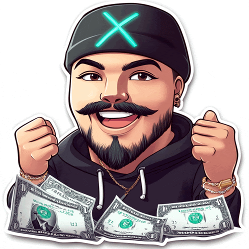 a cartoon of a man with a beard and mustache holding a dollar bill