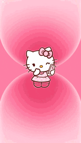 a hello kitty holding a cell phone in her hand on a pink background