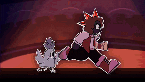 a cartoon drawing of a man and a chicken running