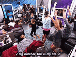 a group of people are dancing in a living room with the words big brother this is my life written on the bottom