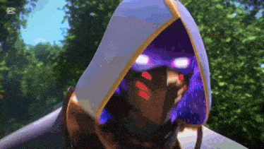 a cartoon character with a purple mask and a hood