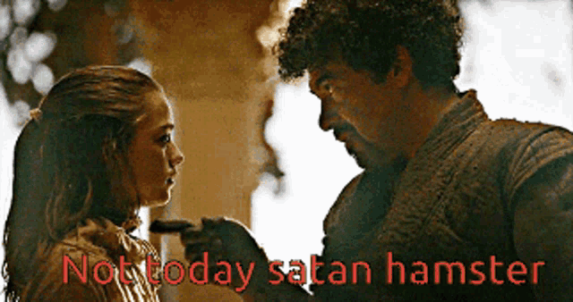 a man and a woman are looking at each other with the words " not today satan hamster " below them