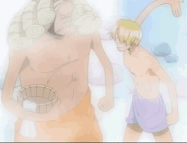 a man in a towel is standing next to another man in a bathing suit