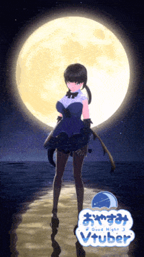 a girl in a blue dress is standing in front of a full moon and the words good night vtuber