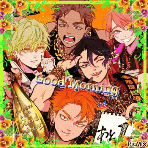 a group of anime characters are posing for a picture with the words " good morning " written on the bottom