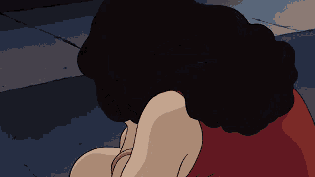 a cartoon drawing of a woman sitting down with her head down