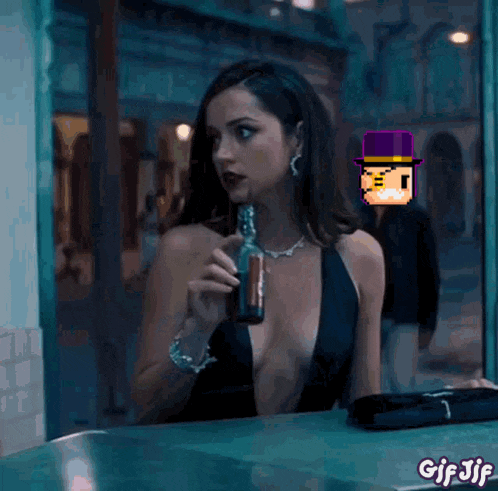 a woman in a black dress is drinking from a bottle