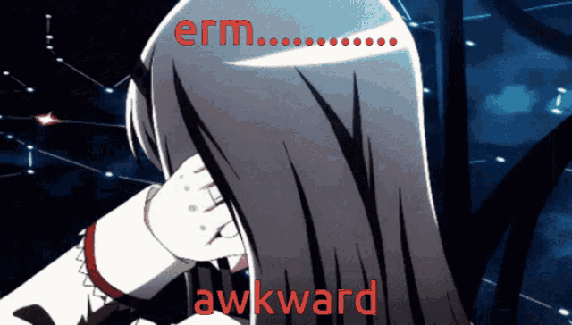 a cartoon of a girl with the words erm awkward above her head