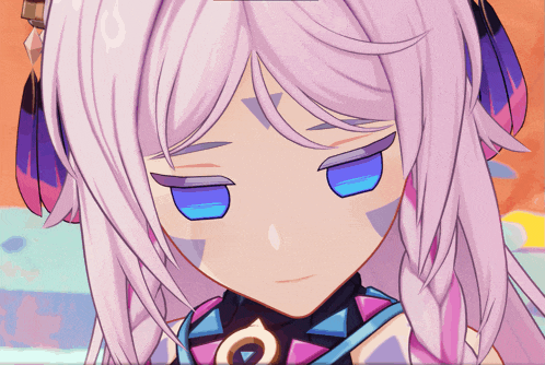 a close up of a cartoon character with purple hair
