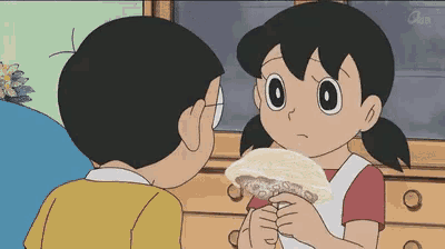 a cartoon shows a boy and a girl holding a fan