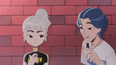 two cartoon characters standing next to each other with one wearing a shirt that says a on it