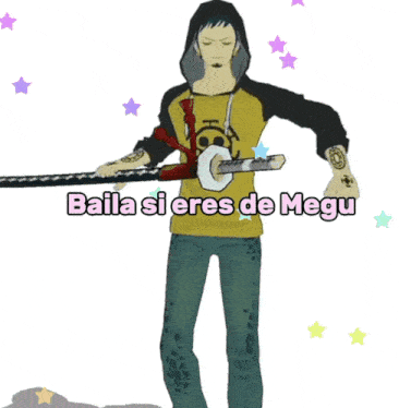 a cartoon character holding a sword with the words baila si eres de megu on the bottom