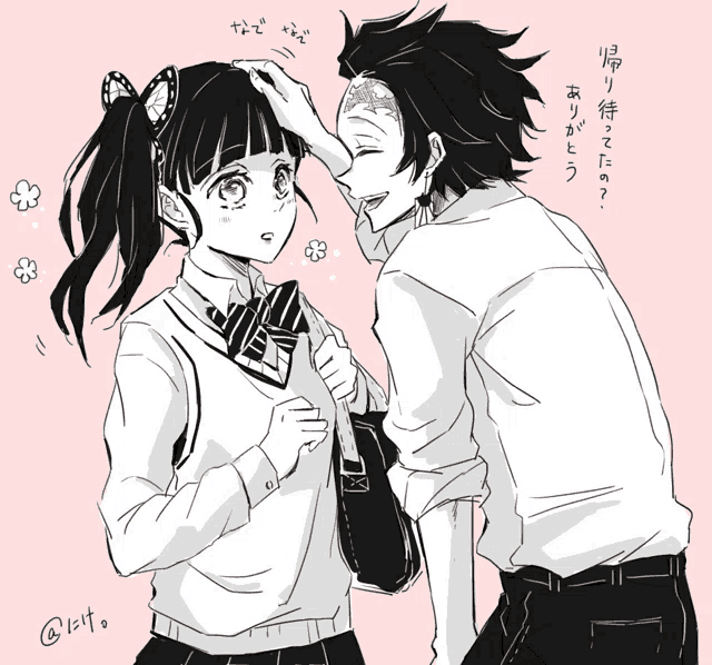 a black and white drawing of a girl touching a boy 's face