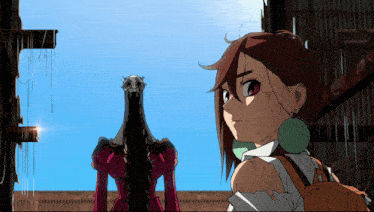 a girl with a backpack stands next to a robot with a skull on its head