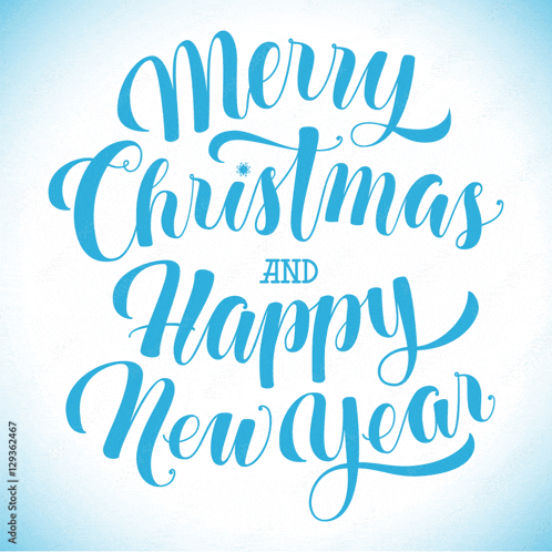 merry christmas and happy new year hand lettering on a blue background