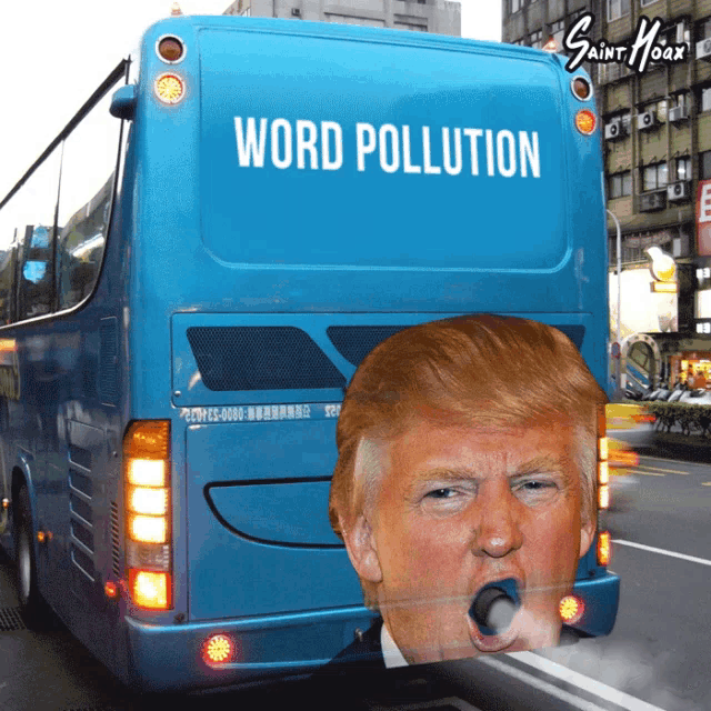 a blue bus has the word pollution written on the back