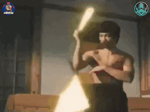 a man without a shirt is holding a bat with the word moutai on the bottom