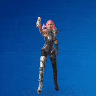 a woman with pink hair is standing in front of a blue background with confetti falling around her