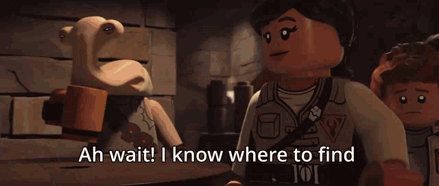 a cartoon character says ah wait i know where to find in front of a group of lego characters
