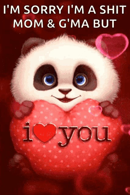 a panda bear is holding a red heart that says i love you