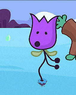 a cartoon of a purple flower with a sad face on it