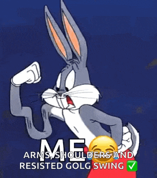 bugs bunny is flexing his arms and shoulders and resisting golg swing .