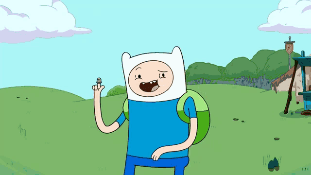 a cartoon character with a microphone in his hand is standing in a field