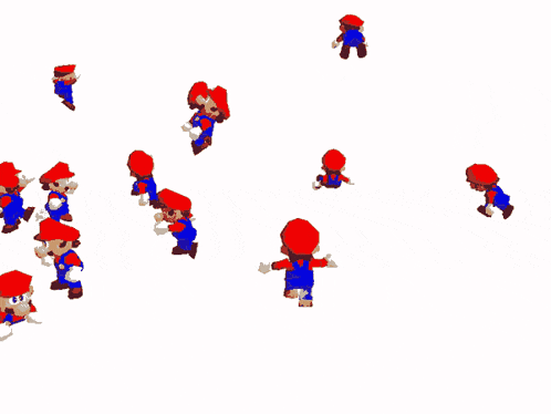 a bunch of mario 's are flying in the air on a white background