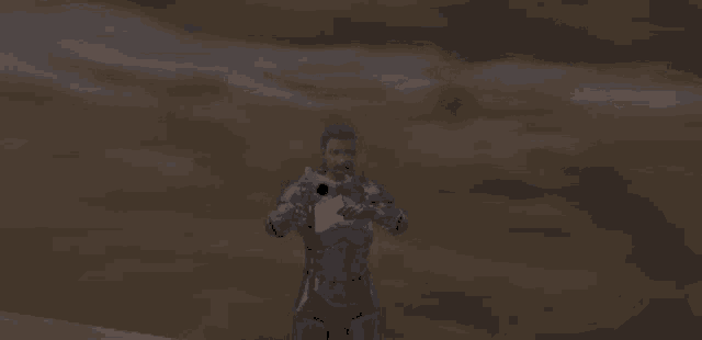 a man with purple hair holding a gun in a video game