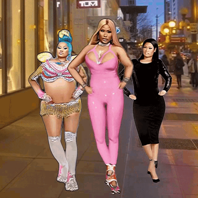 three women are walking down a sidewalk in front of a store that says tumi