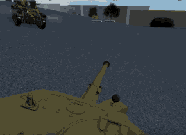 a computer generated image of a tank in a field with trees in the background
