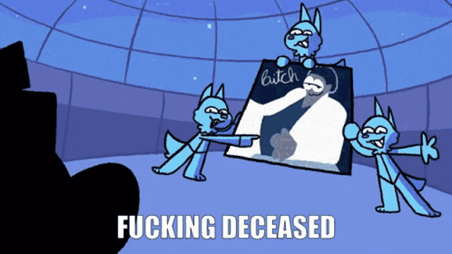 a cartoon with a picture of a man and the words fucking deceased on the bottom