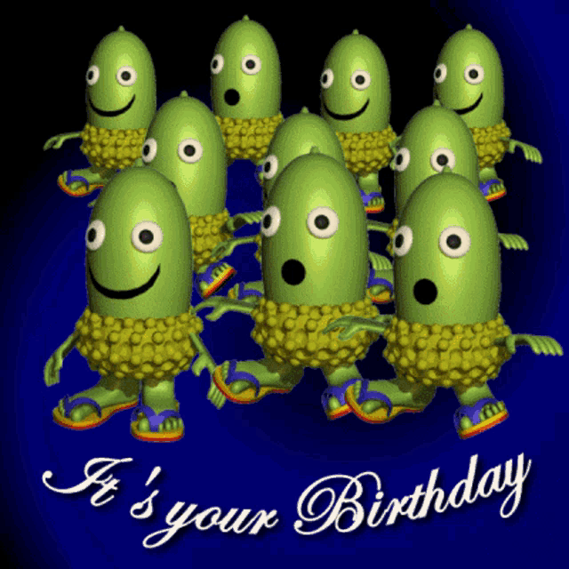 a birthday card with a bunch of green cartoon characters and the words " it 's your birthday "