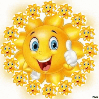 a cartoon sun is smiling and giving a thumbs up surrounded by other suns