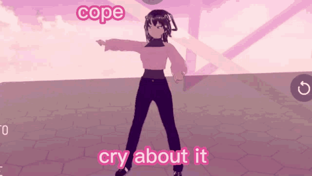 a girl in a pink sweater and black pants is standing in front of a pink background with cope cry about it written on it