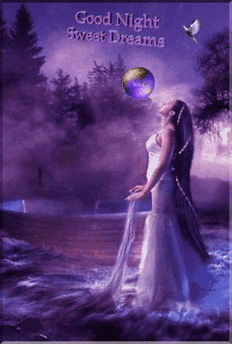 a woman in a white dress is standing in the water with the words good night sweet dreams below her
