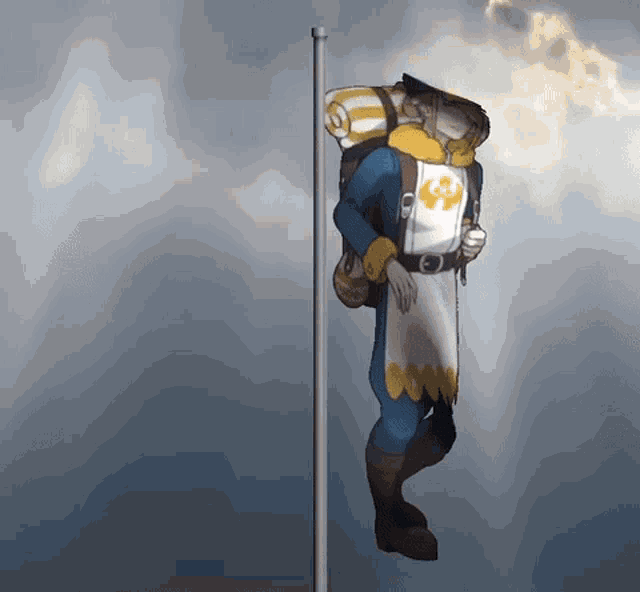 a cartoon of a man with a backpack and a torch