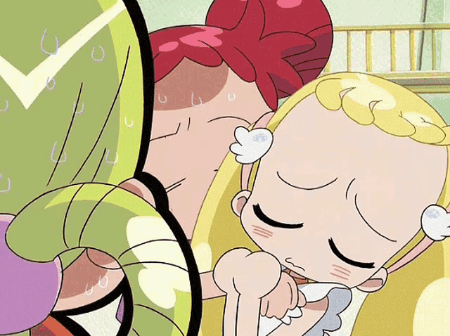 a cartoon drawing of two girls with their eyes closed and sweat coming out of their faces