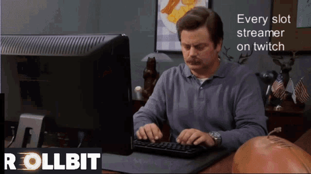 a man is typing on a keyboard with the words every slot streamer on twitch behind him