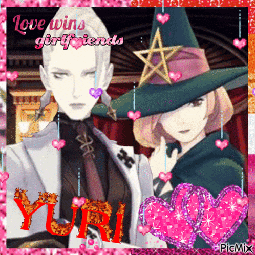 a picture of a man and a woman with the words love wins girlfriends yuri