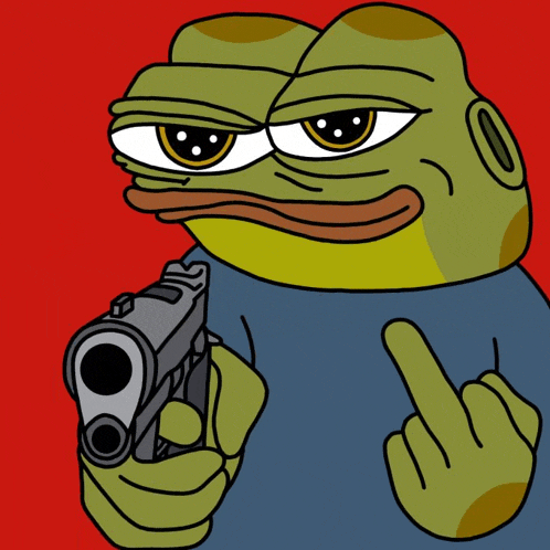 a cartoon frog is pointing a gun at the camera and giving the middle finger