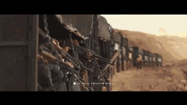 a group of soldiers holding guns on a train with the words sb editz creative media on the bottom