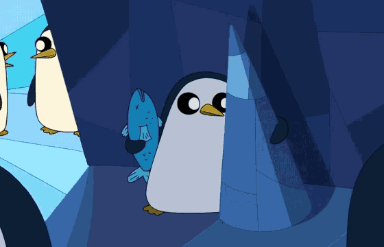 a penguin with a fish in its beak is standing next to a blue ice cone